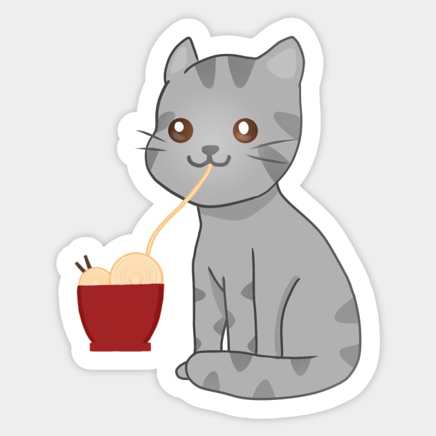 Kawaii Gray Cat Eating Ramen, Cat Lover Sticker by logiamerch